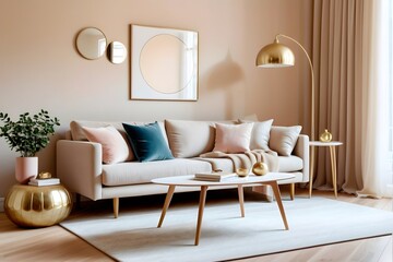 Obraz premium Stylish and warm living room interior with beige sofa, armchair, golden furniture in a perfect position.