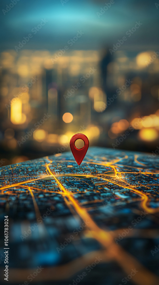 Poster red location pin highlighting a destination on a map with a glowing city skyline in the backdrop