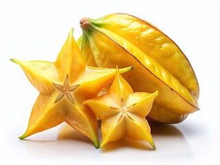 Fototapeta premium Fresh Star Fruit Carambola Isolated on White Background, Tropical Fruit for Healthy Eating, Exotic Flavor, Nutrient-Rich, Ideal for Smoothies and Salads, Natural Food Photography