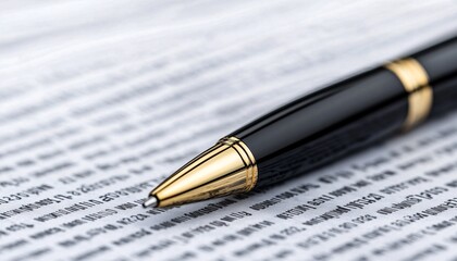 Fototapeta premium Business Decision Making - Elegant Pen Poised Over Financial Report Close Up Photo with Blurred Background
