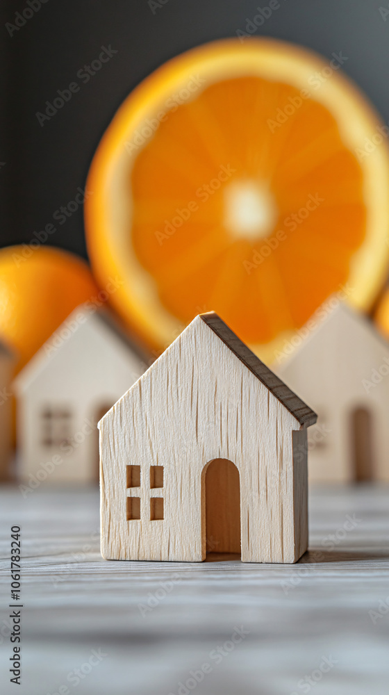 Poster arrangement of tiny wooden houses on a table with a sliced orange in the background, representing su