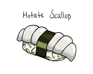 Vector illustration of hand drawn nigiri sushi with scallop. Beautiful food design elements, perfect for any business related to the food industry.