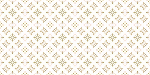 Vector golden geometric floral seamless pattern. Simple luxury texture in oriental style. Abstract gold and white background with flower silhouettes, diamond shapes, stars, snowflakes. Repeated design