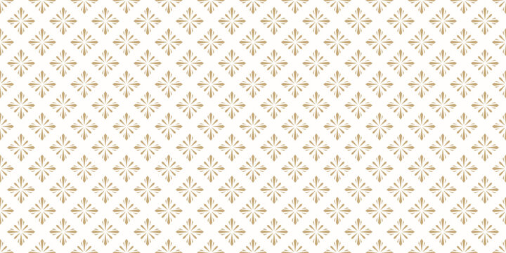 Vector golden geometric floral seamless pattern. Simple luxury texture in oriental style. Abstract gold and white background with flower silhouettes, diamond shapes, stars, snowflakes. Repeated design