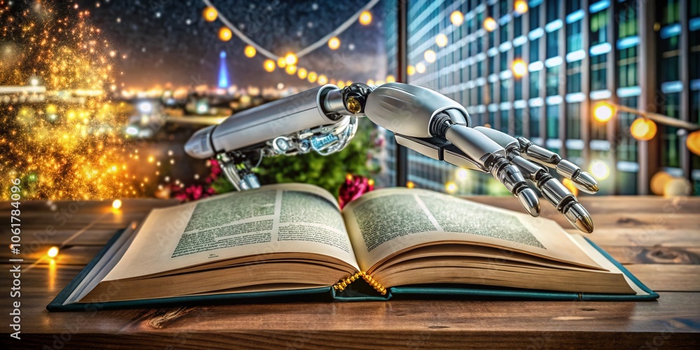 Poster futuristic robotic hand interacting with a book - symbolizing technology and knowledge in ai era