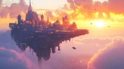 Naklejka premium A futuristic city hovers above the clouds at sunset, with a view of a sprawling metropolis below.
