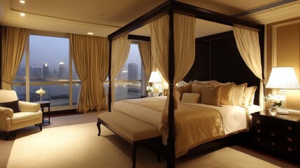 Luxurious Master Bedroom with King-Size Four-Poster Bed, Silk Bedding, and Walk-In Closet