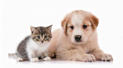 Obraz premium puppy and little kitten isolated on white background studio shot