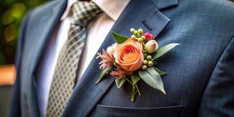 Grooms Boutonniere in Focus - Hyperrealistic Long Exposure Photo of a Suit Lapel with Floral Accents, Ideal for Wedding Photography, Bridal Accessories, and Formal Attire Inspiration
