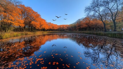 Obraz premium Migratory Birds Soaring Over Tranquil Autumn Pond Reflecting Vibrant Fall Foliage