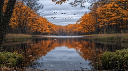 Obraz premium Migratory Birds Soaring Over Tranquil Autumn Pond with Vibrant Foliage Reflections
