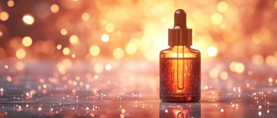 A close-up of a glass dropper bottle with a wooden cap, filled with amber liquid, set against a vibrant, glowing background filled with warm bokeh lights.