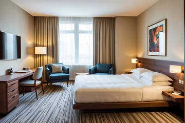Fototapeta premium Single bed in a modern hotel room interior.