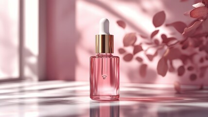 A stylish pink serum bottle stands elegantly against a soft pastel background, illuminated by natural light, perfect for beauty and skincare concepts.