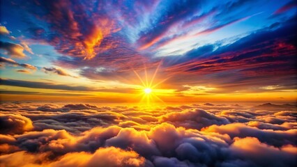 Obraz premium Heavenly Awakening: Stunning Sunrise Over Serene Cloudscape in Documentary Photography Style, Vibrant Colors, Ethereal Light, Nature's Majesty, Tranquil Atmosphere, Scenic Beauty
