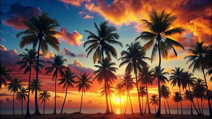 Obraz premium Horizontal Silhouette Illustration of Palm Trees Against a Vibrant Sunset Sky for Tropical Vibes and Relaxation