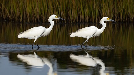 A pair of snowy egrets wading in a serene lagoon, their reflections shimmering on the water's surface 