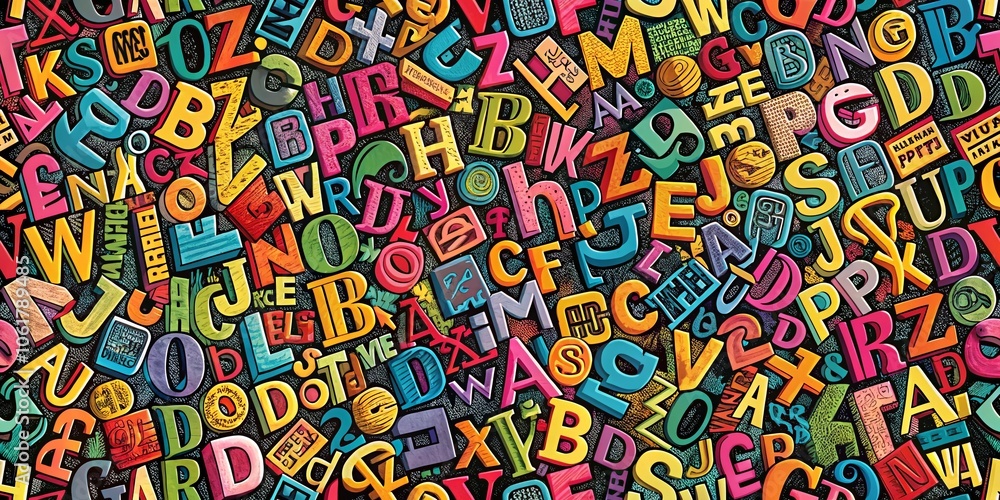 Poster intricate patterns with letters in bold colors for creative design and branding