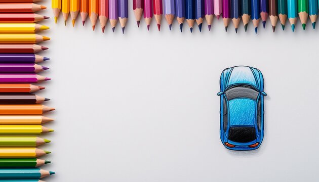 Creative Process of Car Drawing - Top-View with Colorful Pencils Scattered, Artistic Concept Design in Progress, Overhead Shot