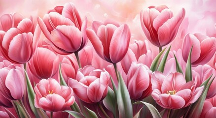 Fototapeta premium Vibrant pink tulips blooming in a serene garden setting