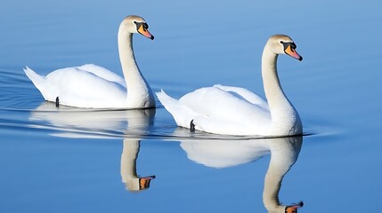Obraz premium A pair of swans gliding across a calm lake, their white feathers reflecting in the water