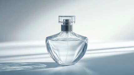 Elegant and minimalist glass perfume bottle on a soft gradient background, showcasing its delicate design and luxurious feel, ideal for beauty and fragrance promotions.