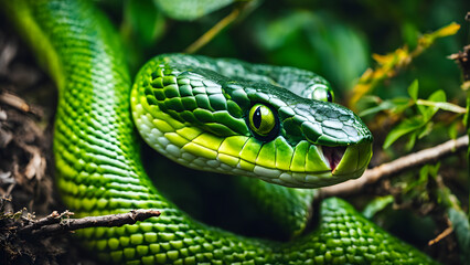 A green snake with a yellow head is curled up on a branch