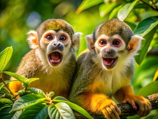 Obraz premium Lively Squirrel Monkey Duo Playing in the Treetops – Macro Photography of Playful Primate Companions in Lush Jungle Environment, Capturing Their Expressive Faces and Dynamic Movements
