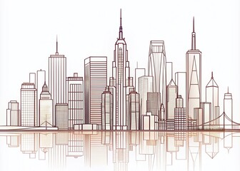 Long Exposure Line Drawing Illustration of New York City Skyline in Minimalist Style on White Background for Modern Art and Design Projects