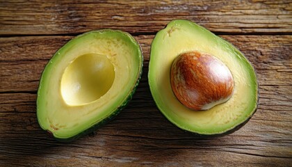 Freshly sliced avocado halves displaying vibrant green flesh and a brown pit, resting on rustic wooden surface, showcasing natural textures and colors.