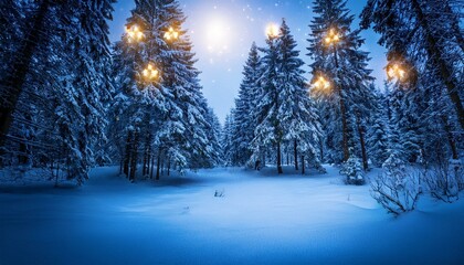 Fototapeta premium Magical forest with christmas trees and glowing lights