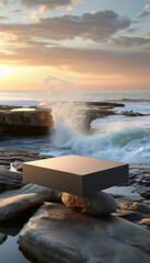 product display podium, sleek matte charcoal, a rocky coastal cliff during golden hour, Waves crash against the rocks, warm glow of the setting sun reflects off the water&rsquo;s surface, ad, podium