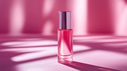 Stylish pink bottle of nail polish placed on a pink background with elegant shadows, perfect for beauty and fashion themes.