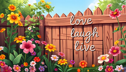 Garden with colorful flowers and an aged wooden fence with love laugh live writings carved on it isolated with white highlights, png