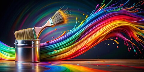 Long Exposure of Paintbrush and Paint Can with Colorful Watercolor Splashes, Artistic Abstract Background, Vibrant Palette, Creative Process, Art Supplies, Fluid Motion, Dynamic Artistry