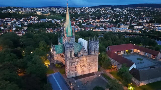 Trondheim chappel, Norway, aerial shot, drone video