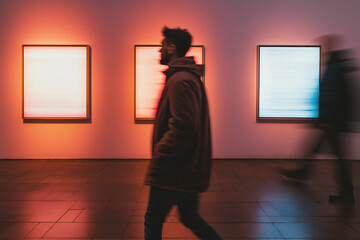 Fototapeta premium Blurred Man Walking Past Illuminated Art Gallery Walls