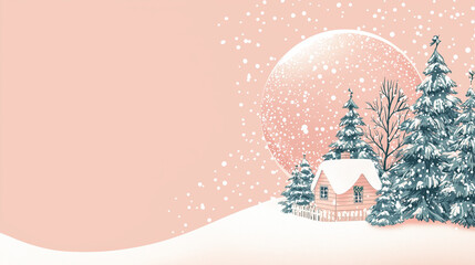 A snow globe with a miniature winter scene inside, positioned on one side of a solid pastel background.
