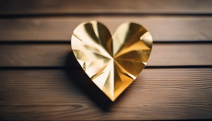 Golden paper heart on wood, ai