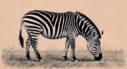 Fototapeta premium Zebra grazing on the grassland hand drawing