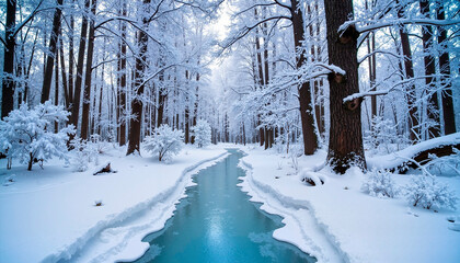 Fototapeta premium Snowy forest with frozen turquoise river and winter scenery, tranquil nature landscape, copy space, New Year marathon theme