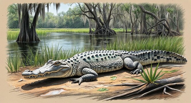 Alligator sunbathing near a swamp hand drawing