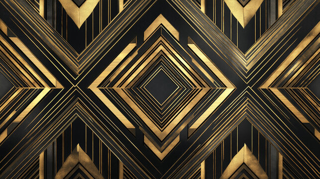 A luxurious wallpaper with a bold Art Deco pattern inspired by The Great Gatsby, featuring sharp angles, stepped motifs, and symmetrical designs.
