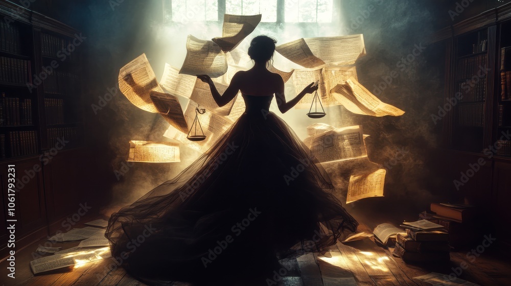 Poster a mystical woman holds scales in a library filled with swirling papers, illuminated by ethereal ligh