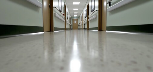 Hospital corridor, clean floor, bright lights, sterile environment, modern healthcare design.