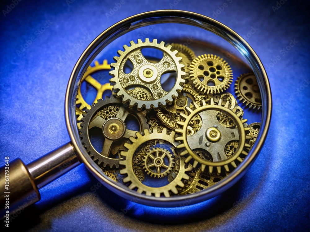 Poster magnifying glass and gears symbolizing seo audit and analysis on a blue background - visual represen