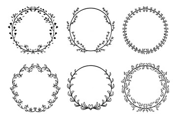 set of Black and White Hand-Drawn Floral Wreath
