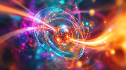 An abstract artistic visualization capturing the essence of atomic structure and energy on a vibrant cosmic background