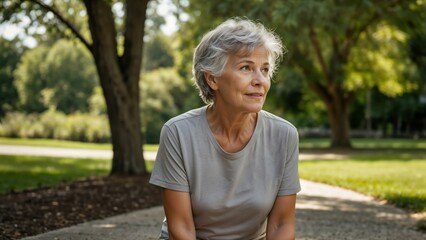 Senior Woman, Active Lifestyle, Fitness, Outdoor Exercise, Park, Nature, Health, Wellness, Elderly, Gray Hair