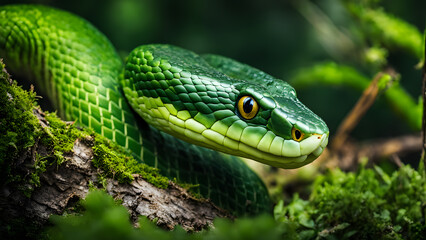 Fototapeta premium A green snake is on a branch